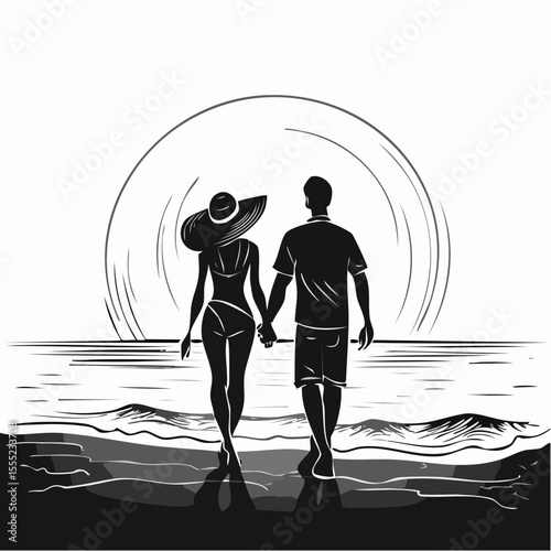 Romantic Couple Walking on the Beach from Behind, Hand in Hand, Enjoying the Sunset View silhouette vector
