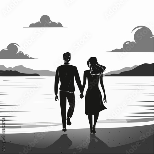 Romantic Couple Walking on the Beach from Behind, Hand in Hand, Enjoying the Sunset View silhouette vector