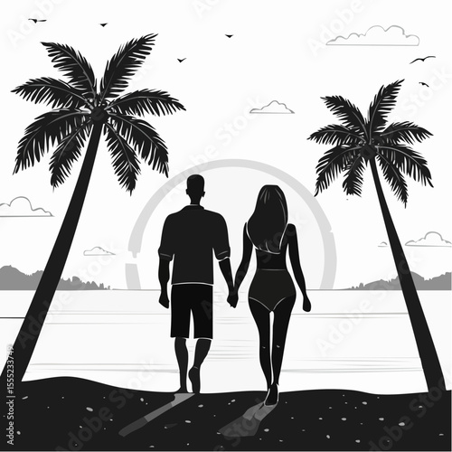 Romantic Couple Walking on the Beach from Behind, Hand in Hand, Enjoying the Sunset View silhouette vector