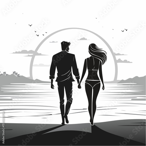 Romantic Couple Walking on the Beach from Behind, Hand in Hand, Enjoying the Sunset View silhouette vector