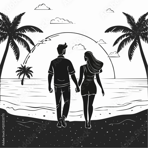 Romantic Couple Walking on the Beach from Behind, Hand in Hand, Enjoying the Sunset View silhouette vector