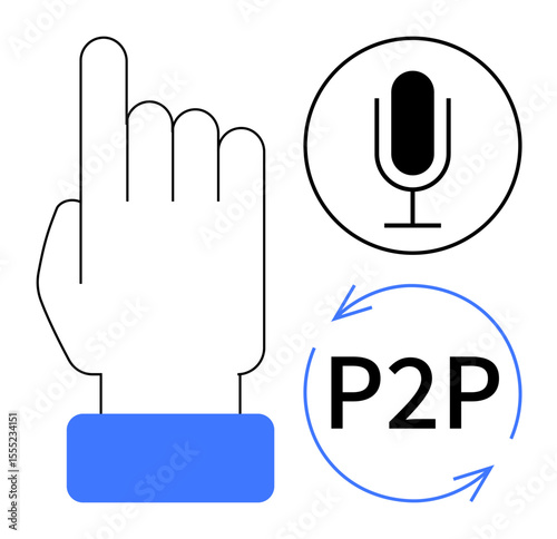Hand pointing up, microphone icon, and P2P arrow loop symbolize communication, voice commands, peer-to-peer technology. Ideal for tech interface, gesture control, app design, digital assistant