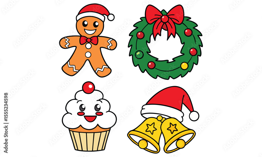 Fototapeta premium Cute cartoon christmas icons including a gingerbread man with a santa hat a festive wreath with a red bow a happy cupcake and two golden bells with stars