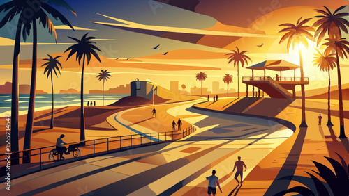 Golden light spills across the sand as palm trees cast long shadows. Skateboarders and cyclists move along the beachfront path, and the famous lifeguard towers stand silhouetted against the sky. In 