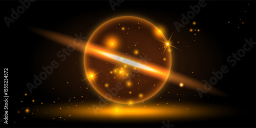 Glowing golden orb with radiant sparkles and light streaks on a dark background. The magical sphere emits warm light, starbursts, and bokeh particles, creating a festive and abstract illumination. 