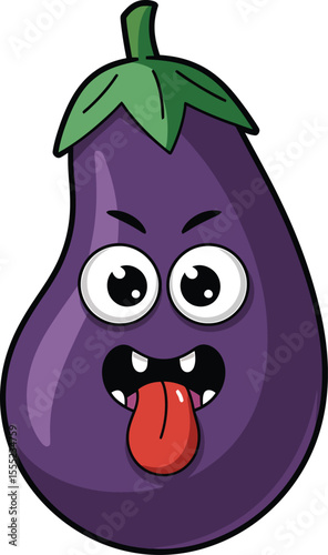 Angry purple eggplant character with tongue out green cartoon