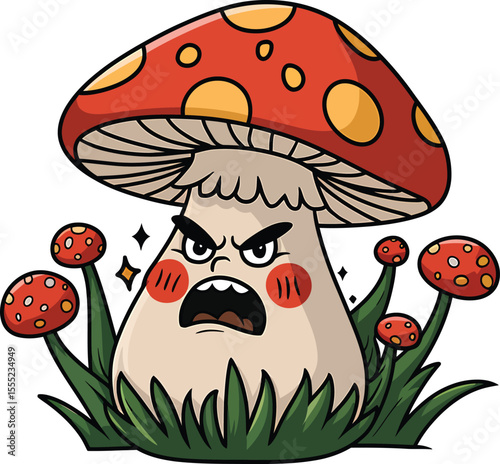 Angry red mushroom with yellow spots vector