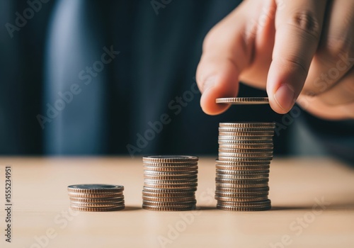 Growing Savings Hand Adding Coin. A person builds a rising stack of currency, symbolizing financial increase. This imagery depicts accumulation, investment, and future prosperity.