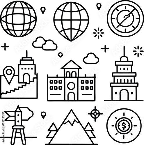 travel and tourism line icons set globe map compass building