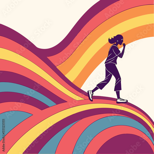 Bild auf Leinwand Woman Running Through a Colorful, Retro-Inspired Rainbow Landscape