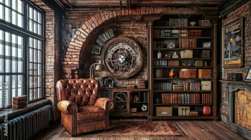 A stylish study filled with antique furniture and bookshelves.