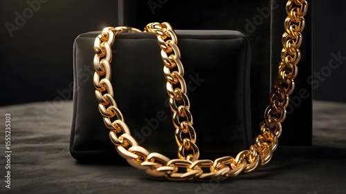 Gold chain on a black pillow in a box
