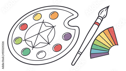 Artistic Palette Brush and Rainbow Color Swatch Illustration.