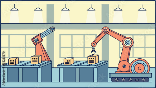 Automated Factory Production Line with Robotic Arms and Boxes.