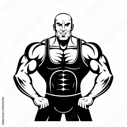 Strong Bald Man Images vector. Standing big muscular bald male pro wrestler image vector isolated on white background.