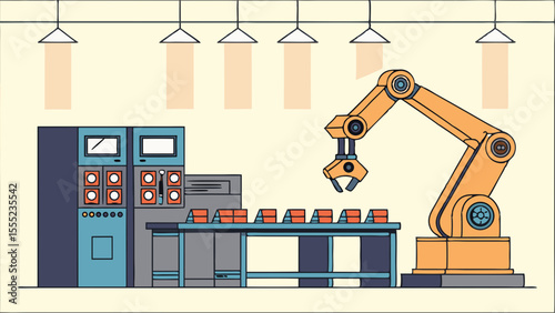 Cartoon Robotic Arm in Factory Setting with Control Panel and Lights.
