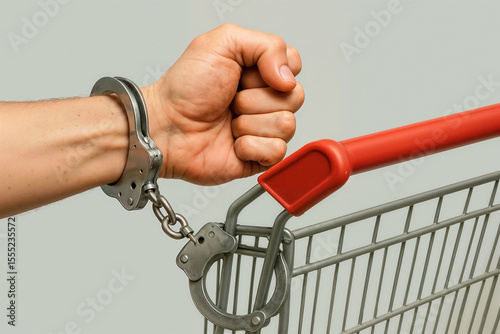 Handcuffed Hand Gripping a Shopping Cart Handle. represents a conceptual or symbolic commentary on themes of restriction, control, or the limitations of freedom within everyday life.