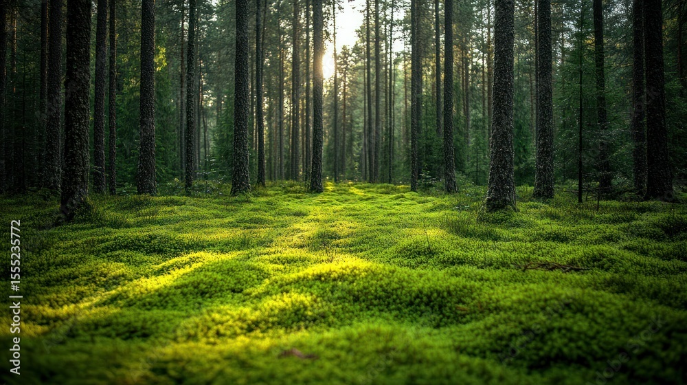 Obraz premium Sunlight streams through a dense mossy forest