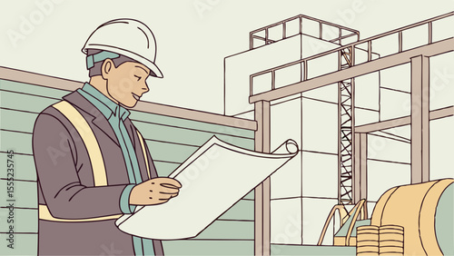 Construction Engineer Reviewing Building Plans at Site.