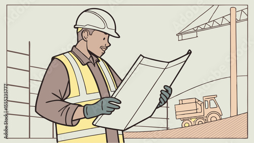 Construction Worker Reviewing Blueprint at Site.