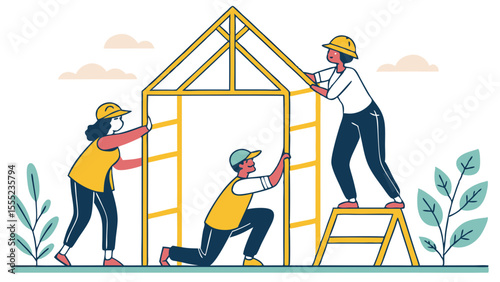 Construction Workers Building a Frame Structure.