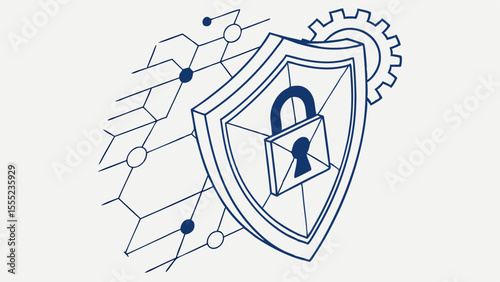 Cyber Security Shield with Padlock and Gear Icon.