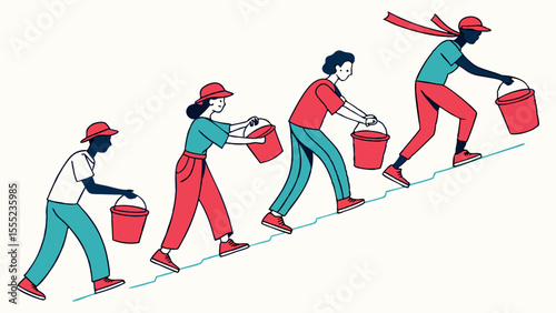 Diverse Group Carrying Buckets Upward Path.