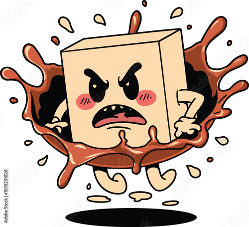 Angry tofu dodging brown liquid splash vector