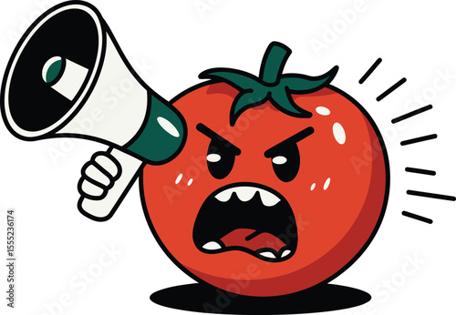 Angry tomato shouting through megaphone green