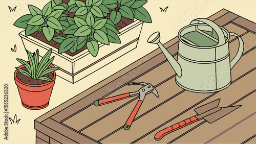 Garden Tools and Plants Arranged on a Wooden Surface.