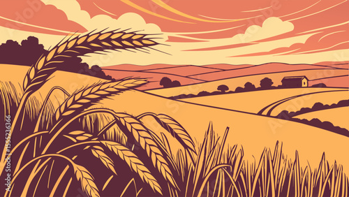 Golden Wheat Field at Sunset Over Rolling Hills.