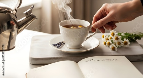 A mindful self-care ritual with herbal tea and a gratitude journal
