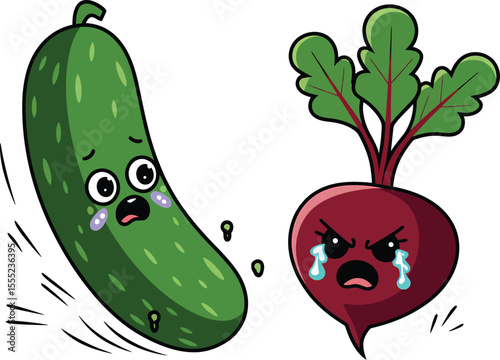 Cucumber fleeing angry beet green leaves