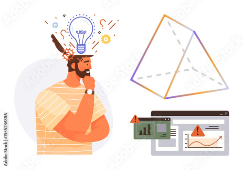 Thoughtful man with lightbulb overhead, 3D pyramid outline, web analytics with warning alerts. Ideal for creativity, problem solving, innovation, data analysis, brainstorming, strategy