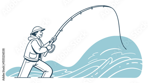 Happy Fisherman Casting Line into Ocean Waves.