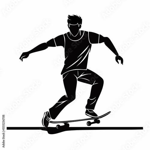 Dynamic Silhouette of a Young Man Enthusiastically Skateboarding in Action Against a Clean White Background