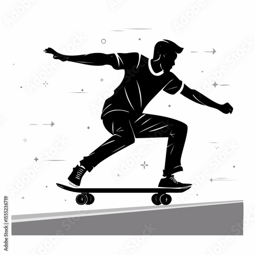 Dynamic Silhouette of a Young Man Enthusiastically Skateboarding in Action Against a Clean White Background