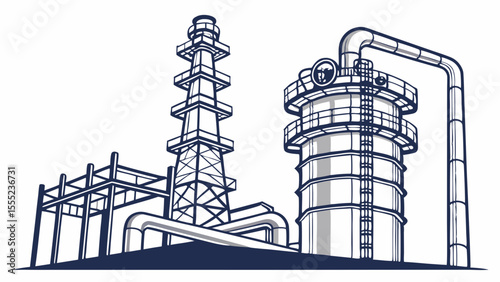 Industrial Refinery Complex Towers Pipes and Structure Illustration.