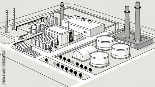 Isometric Illustration of an Industrial Plant Complex.