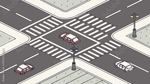 Isometric Illustration of Cars Navigating a City Intersection.