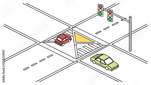 Isometric Illustration of Cars at a Traffic Intersection with Traffic Lights.