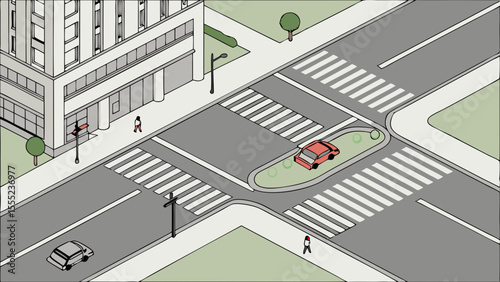 Isometric Illustration of City Intersection with Cars and Pedestrians.