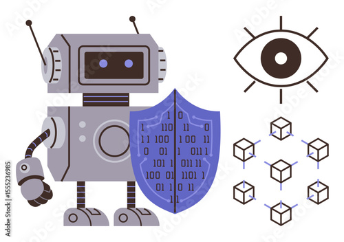 Robot holding a shield with binary code, interconnected cubes symbolizing blockchain, and an eye representing surveillance. Ideal for technology, cybersecurity, blockchain, AI, automation