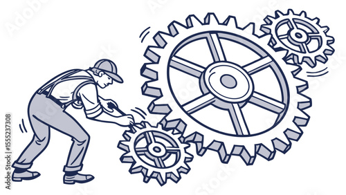 Mechanic Working on Large Gears with Tools and Suspender Overalls.