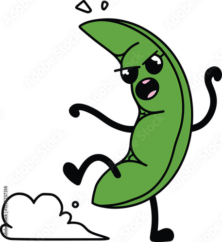 Green pea pod kicking with angry expression vector
