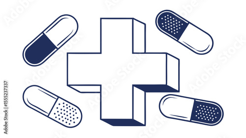 Medical Illustration with Pills and Plus Sign.