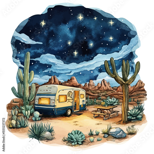 Starry Skies Desert Campground, watercolor clipart vector, isolated on a white background.