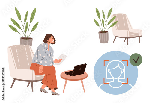 Woman seated in cozy armchair with document, laptop on side table, plants in background. Biometric facial recognition interface icon. Ideal for technology, privacy, identity, workspaces, modern