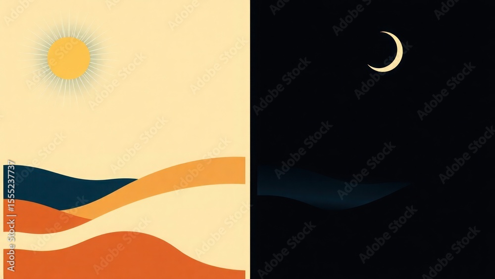 Obraz premium Abstract sun and moon landscape depicting day and night contrast.