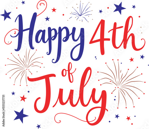 USA Holiday Greeting Vector Typography.A vector typography design for the USA's national holiday. The "Happy 4th of July" text is written in an elegant yet playful brush script, surrounded by festiv

